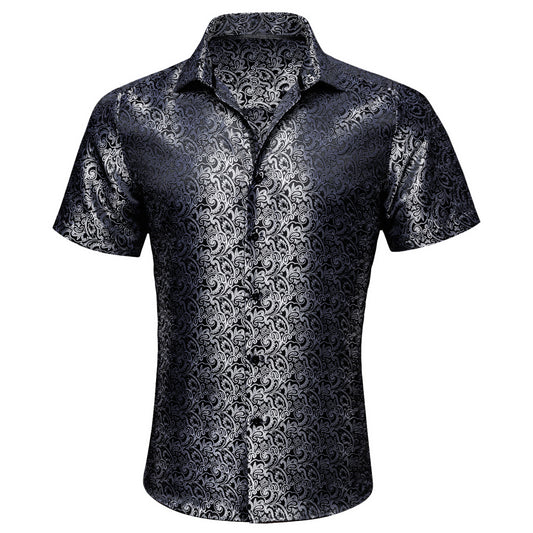 Barry. Wang Mens Paisley Casual Shirt Black Silk Short Sleeve Button Down Shirt Party