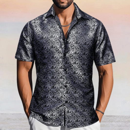 Barry. Wang Silver Paisley Short Sleeve Shirt Buiness Casual Button Up Shirt