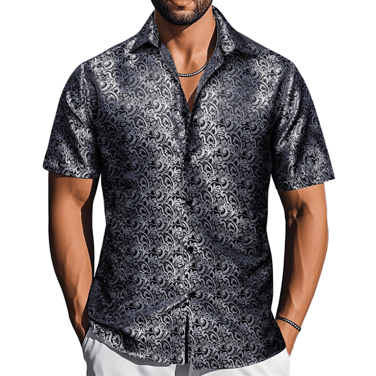 Barry. Wang Mens Paisley Casual Shirt Black Silk Short Sleeve Button Down Shirt Party