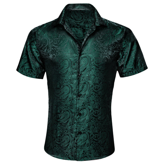 Barry. Wang Hunter Green Shirt Dress Paisley Business Casual Short Sleeve Dress Shirt