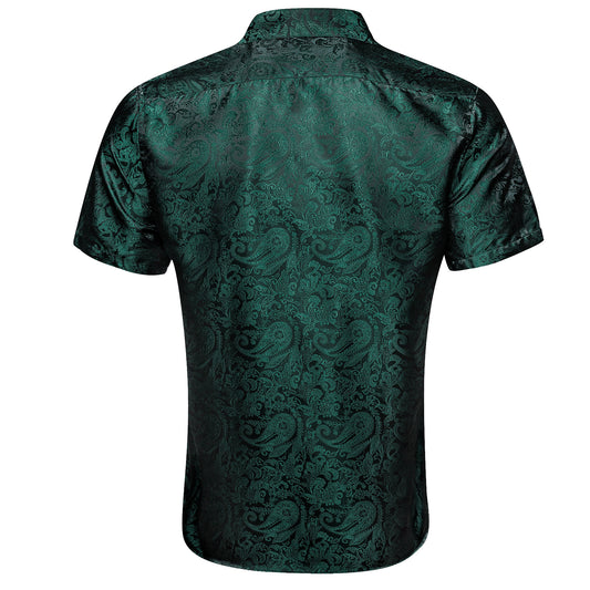 Barry. Wang Hunter Green Shirt Dress Paisley Business Casual Short Sleeve Dress Shirt