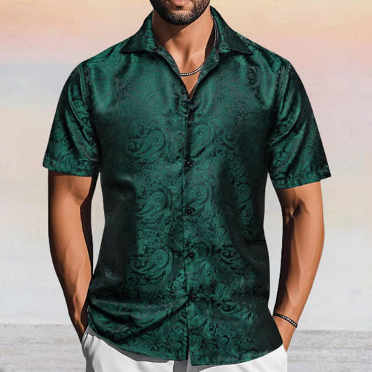 Barry. Wang Hunter Green Short Sleeve Shirt Mens Jacquard Casual Button Up Shirt