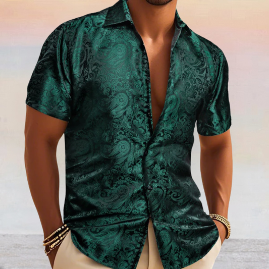 Barry. Wang Hunter Green Short Sleeve Shirt Mens Jacquard Casual Button Up Shirt