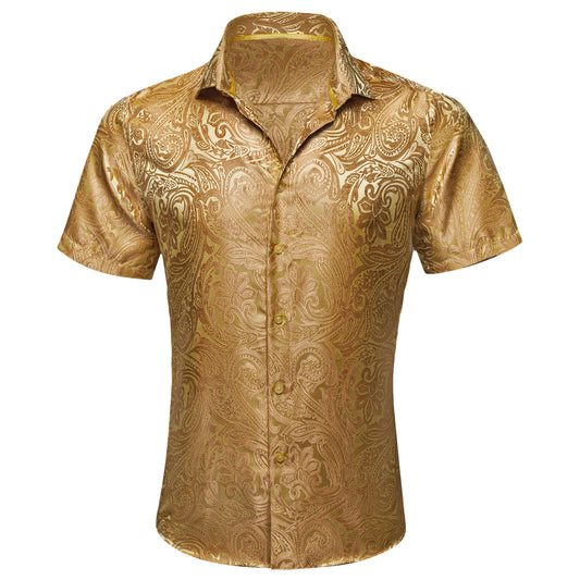 Barry. Wang Mens Gold Dress Shirt Paisley Silk Short Sleeve Button Down Formal Shirts