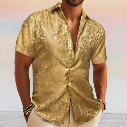 Barry. Wang Mens Gold Dress Shirt Paisley Silk Short Sleeve Button Down Formal Shirts