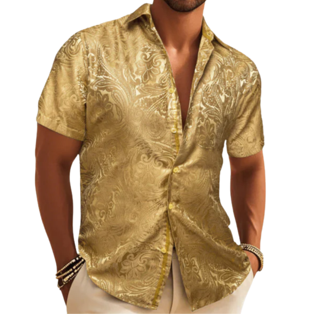 Barry. Wang Gold Paisley Short Sleeve Shirt for Men Silk Jacquard Button Up Party Casual Shirt, XL