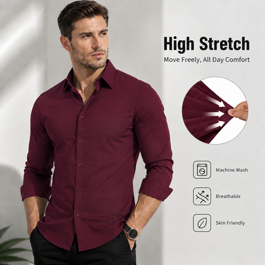 Barry. Wang Stain Resistant Mens Shirt Burgundy Solid Long Sleeve Wrinkle Free Shirt Formal Wear