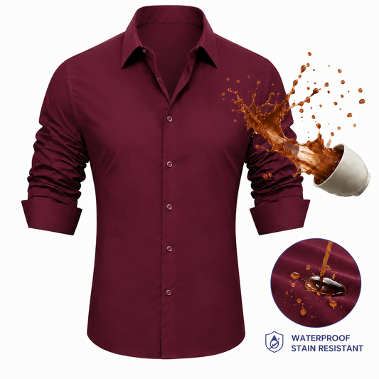 Barry. Wang Stain Resistant Mens Shirt Burgundy Solid Long Sleeve Wrinkle Free Shirt Formal Wear