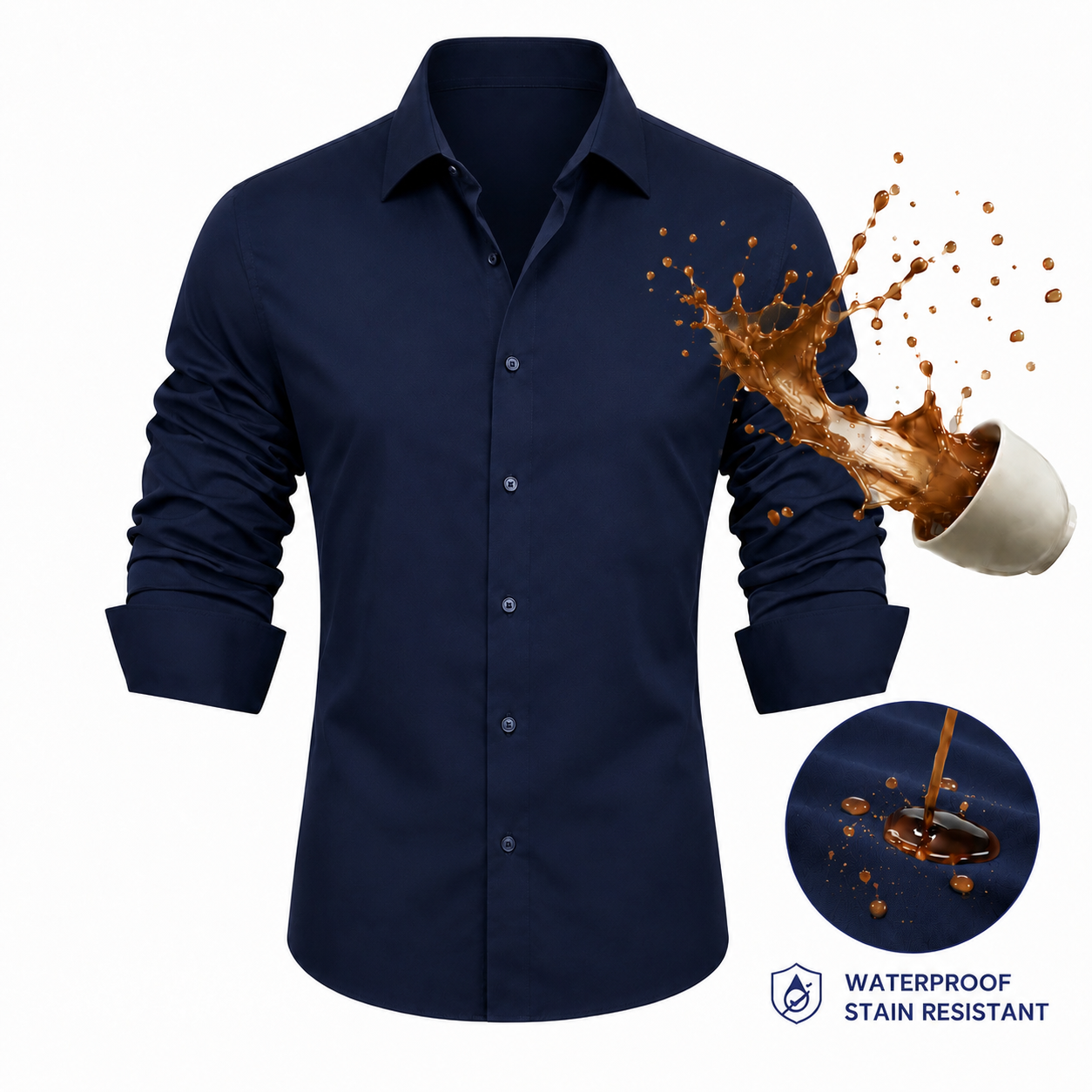 Barry. Wang 4-Way Stretch Shirt Mens Navy Blue Stain Proof Long Sleeve