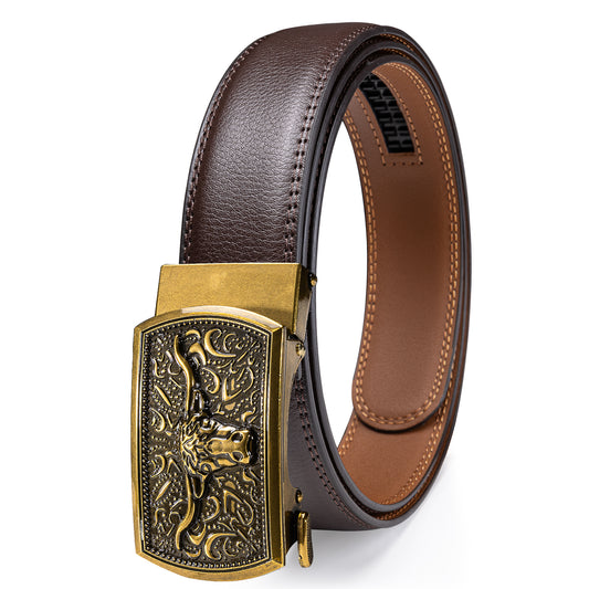Barry. Wang Western Belt for Men Brown Leather Cowboy Belt Longhorn Bull Buckle Ratchet
