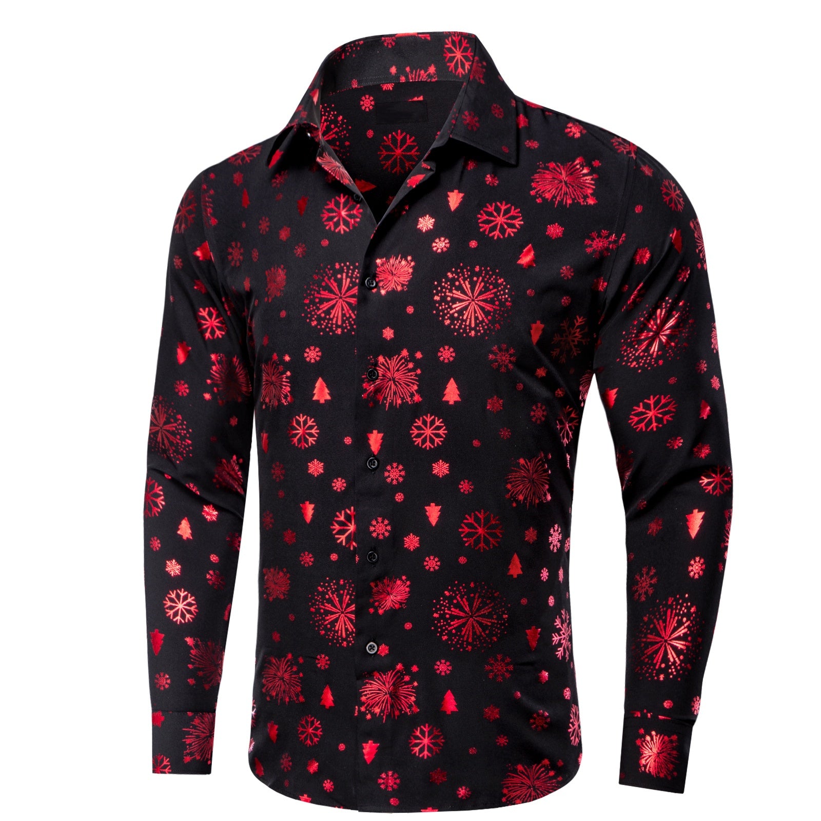 Barry. Wang Holiday Black Dress Shirt Red Snowflake Pattern Long Sleeve Shirt