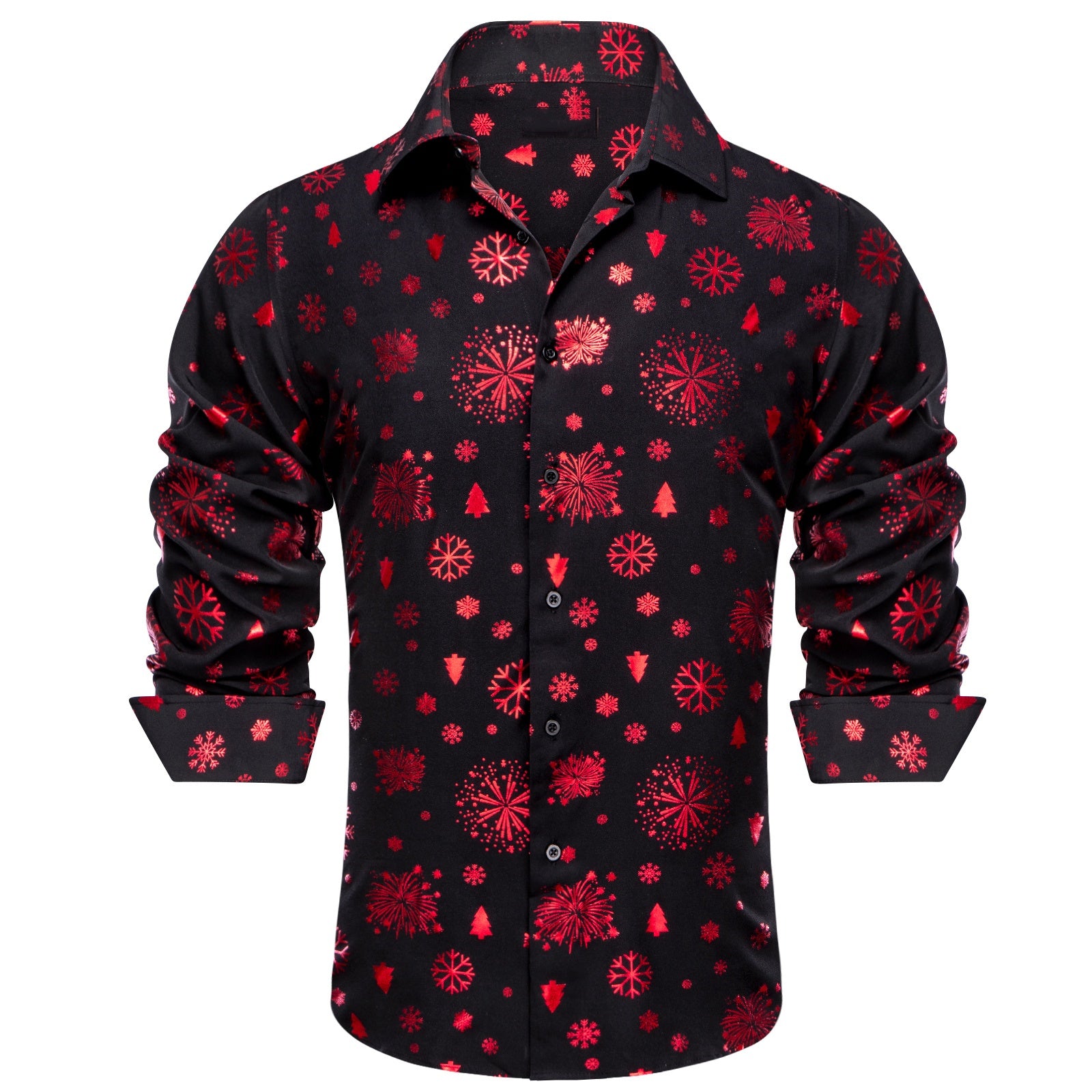 Barry. Wang Holiday Black Dress Shirt Red Snowflake Pattern Long Sleeve Shirt