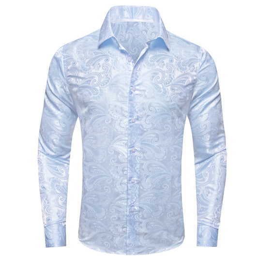 Barry. Wang Sky Blue Floral Silk Mens Long Sleeve Shirt Button Down Dress Shirt