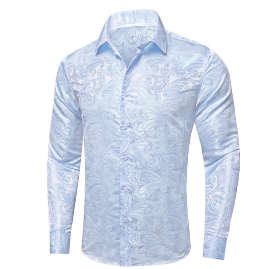 Barry. Wang Sky Blue Floral Silk Mens Long Sleeve Shirt Button Down Dress Shirt
