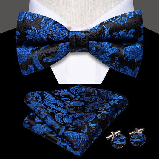 Barry. Wang Royal Blue Floral Bow Tie Set Silk Pre-tied Hanky Cufflinks for Tuxedo Mens Suit