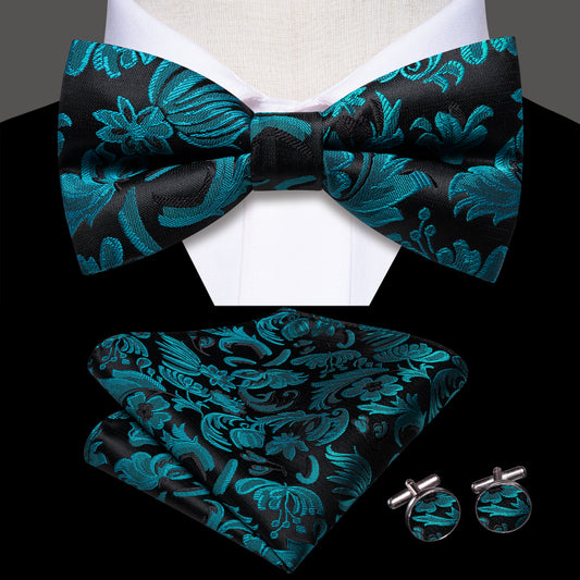 Barry. Wang Silk Jacquard Teal Bow Tie Set Pre-tied Mens Hanky Cufflinks Elegant Evening Wear