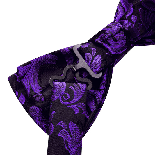 Barry. Wang Woven Purple Floral Bow Tie Set Silk Pre-tied Hanky Cufflinks for Wedding Tuxedo