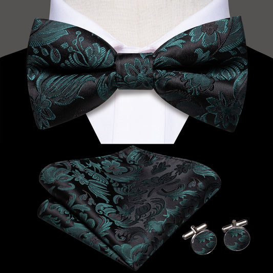 Barry. Wang Floral Bow Tie Set Silk Jacquard Dark Green Pre-tied Hanky Cufflinks for Evening Prom