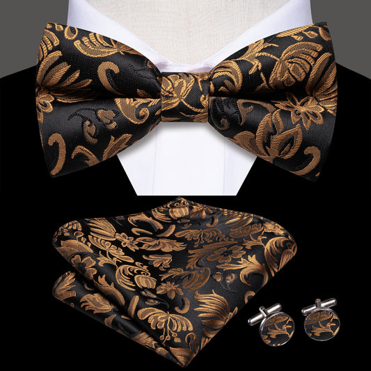 Barry. Wang Retro Gold Floral Bow Tie Set Silk Woven Pre-tied Hanky Cufflinks for Gala Groomsmen