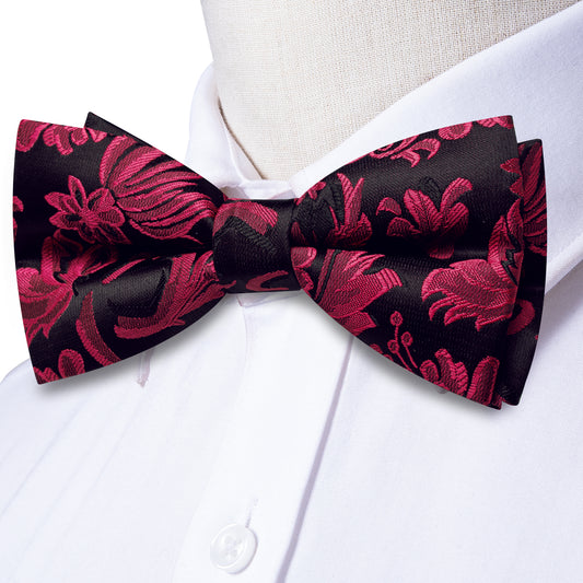 Barry. Wang Floral Burgundy Bow Tie Set Silk Pre-tied Mens Pocket Square Cufflinks for Anniversary