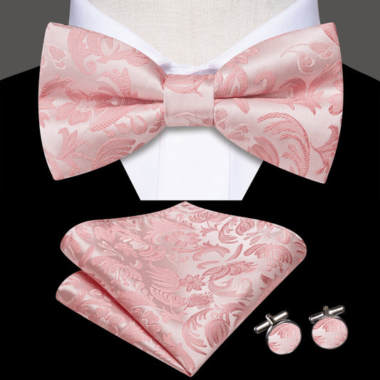 Barry. Wang Silk Light Pink Bow Tie Set Woven Pre-tied Pocket Square Cufflinks Wedding Groomsmen