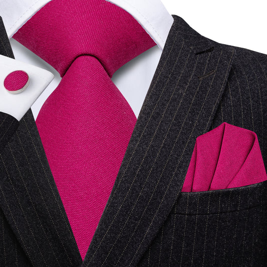 Barry. Wang Fuchsia Pink Men's Tie Set Solid Textured Necktie Hanky Cufflinks for Formal Wedding Suit