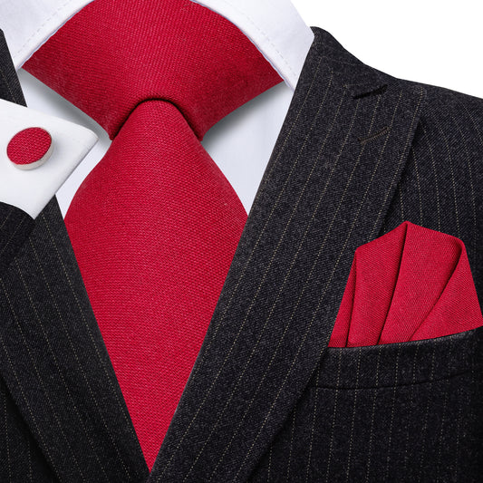 Barry. Wang Red Linen Tie Set for Men Solid Textured Formal Wedding Necktie Hanky Cufflinks