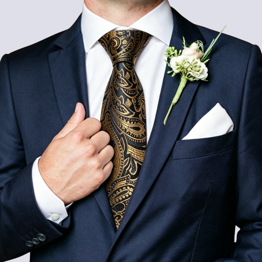 Barry. Wang Golden Paisley Necktie for Men Silk Wedding Tie Hanky Cufflinks Set