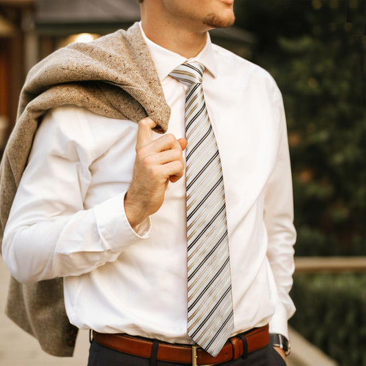 Barry. Wang Silk Striped Tie Champagne Gold Brown Necktie Pocket Square Cufflinks Set for Men Business