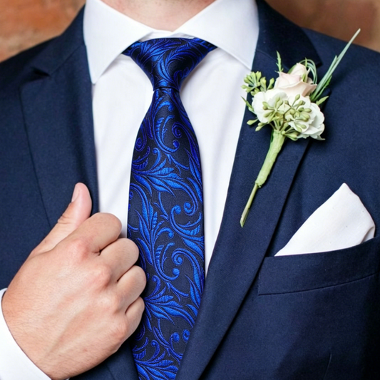 Barry. Wang Royal Blue Floral Tie Business Casual Necktie Hanky Cufflinks Set