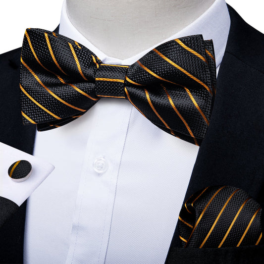 Barry. Wang Black Gold Stripe Bowtie Pocket Square Cufflinks Set