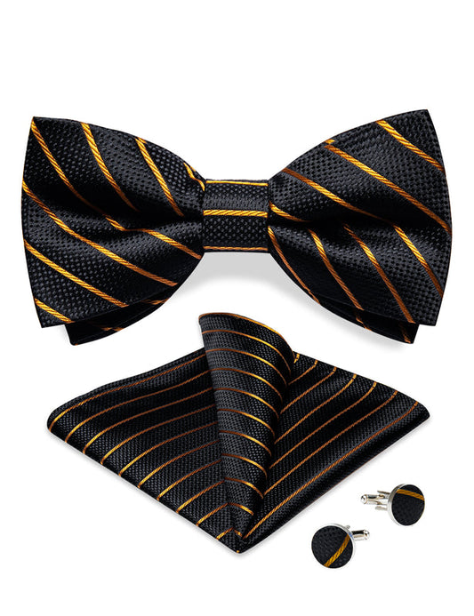 Barry. Wang Black Gold Stripe Bowtie Pocket Square Cufflinks Set