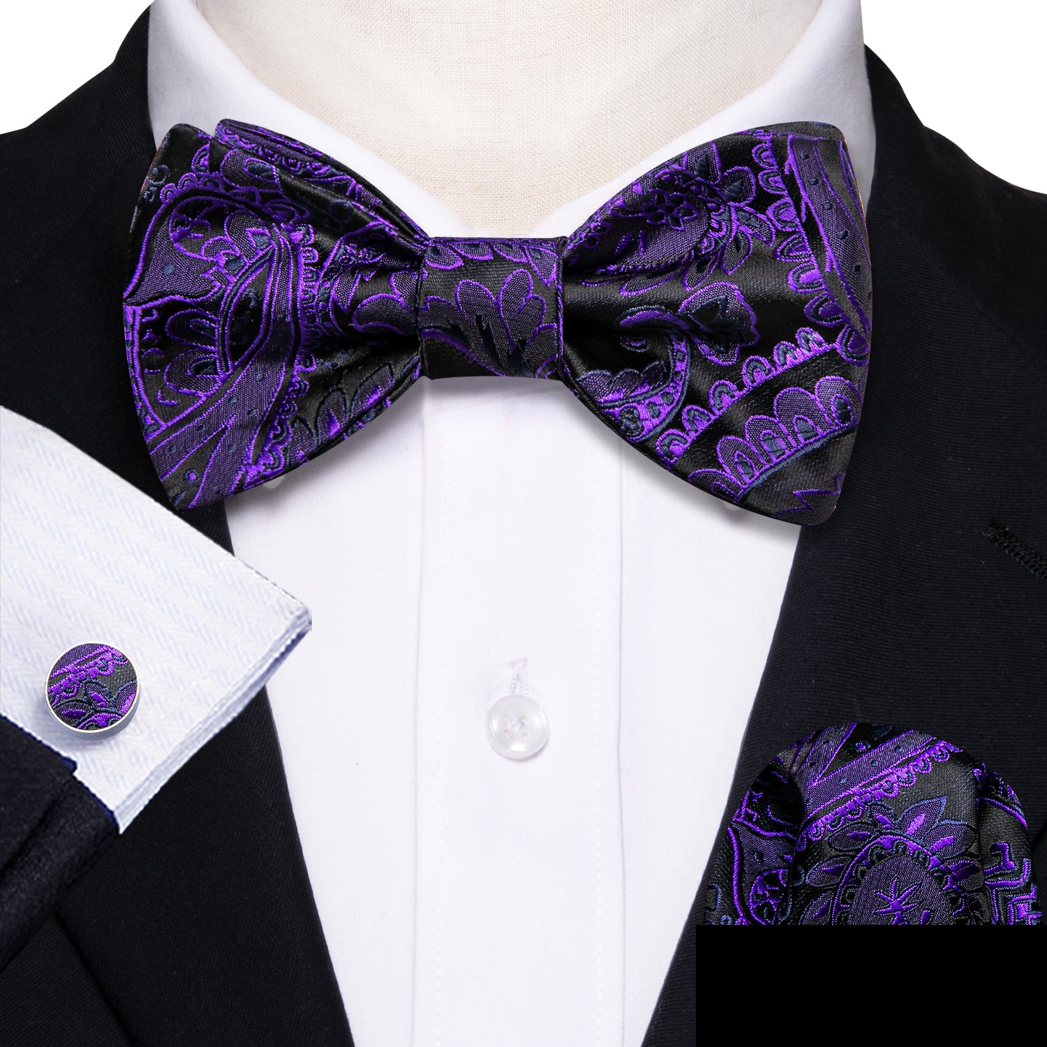 Purple Black Paisley Bow Tie Hanky Cufflinks Set