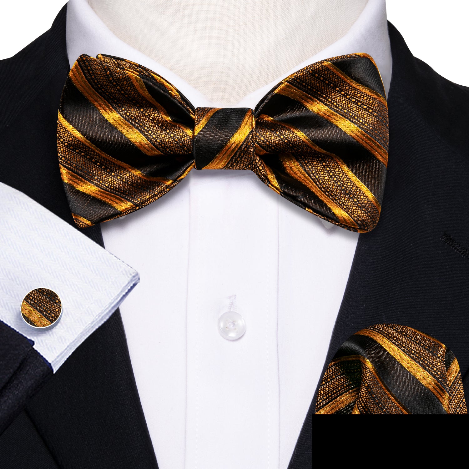 Barry.wang Men's Tie Black Gold Striped Bow Tie Hanky Cufflinks Set
