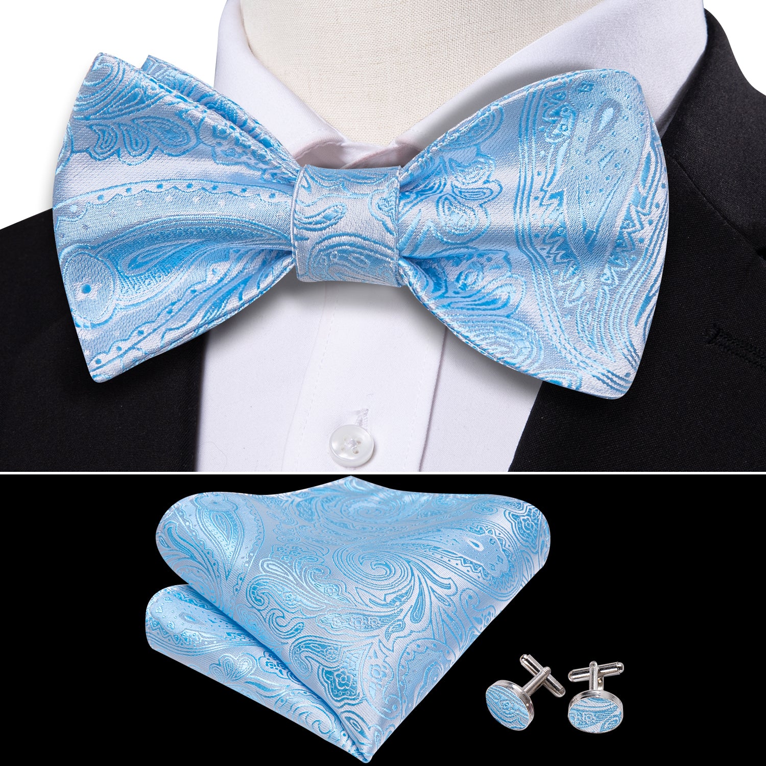 Blue White Paisley Bow Tie Hanky Cufflinks Set