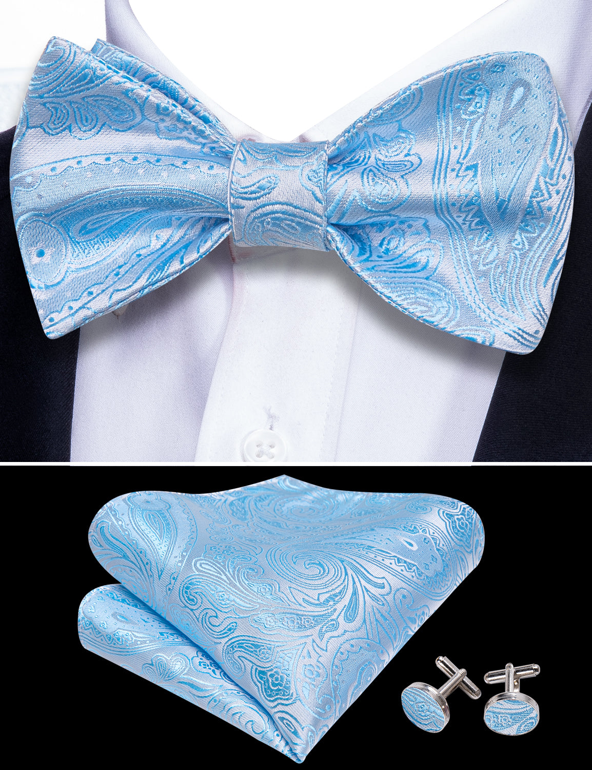 Blue White Paisley Bow Tie Hanky Cufflinks Set