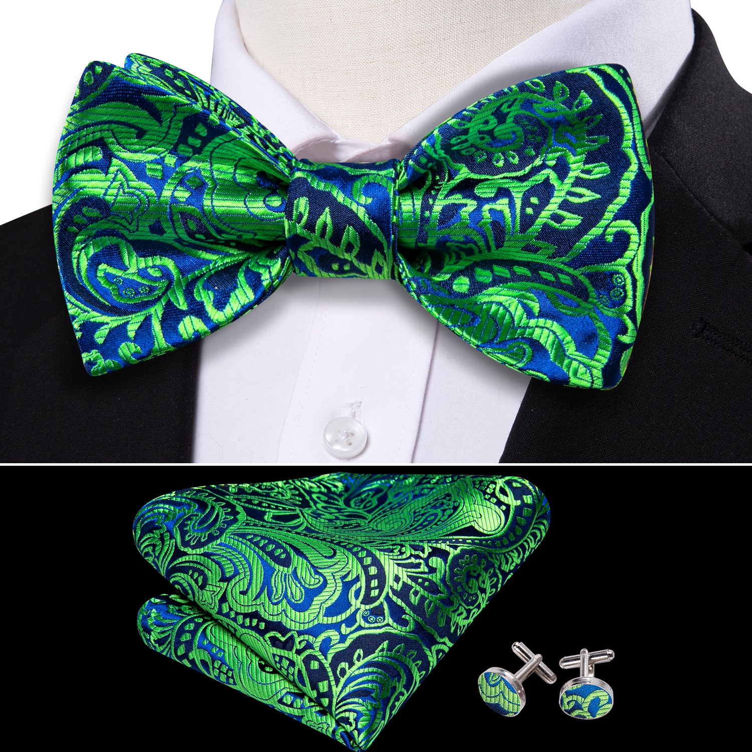 Barry.wang Floral Tie Green Navy Paisley Bow Tie Hanky Cufflinks Set
