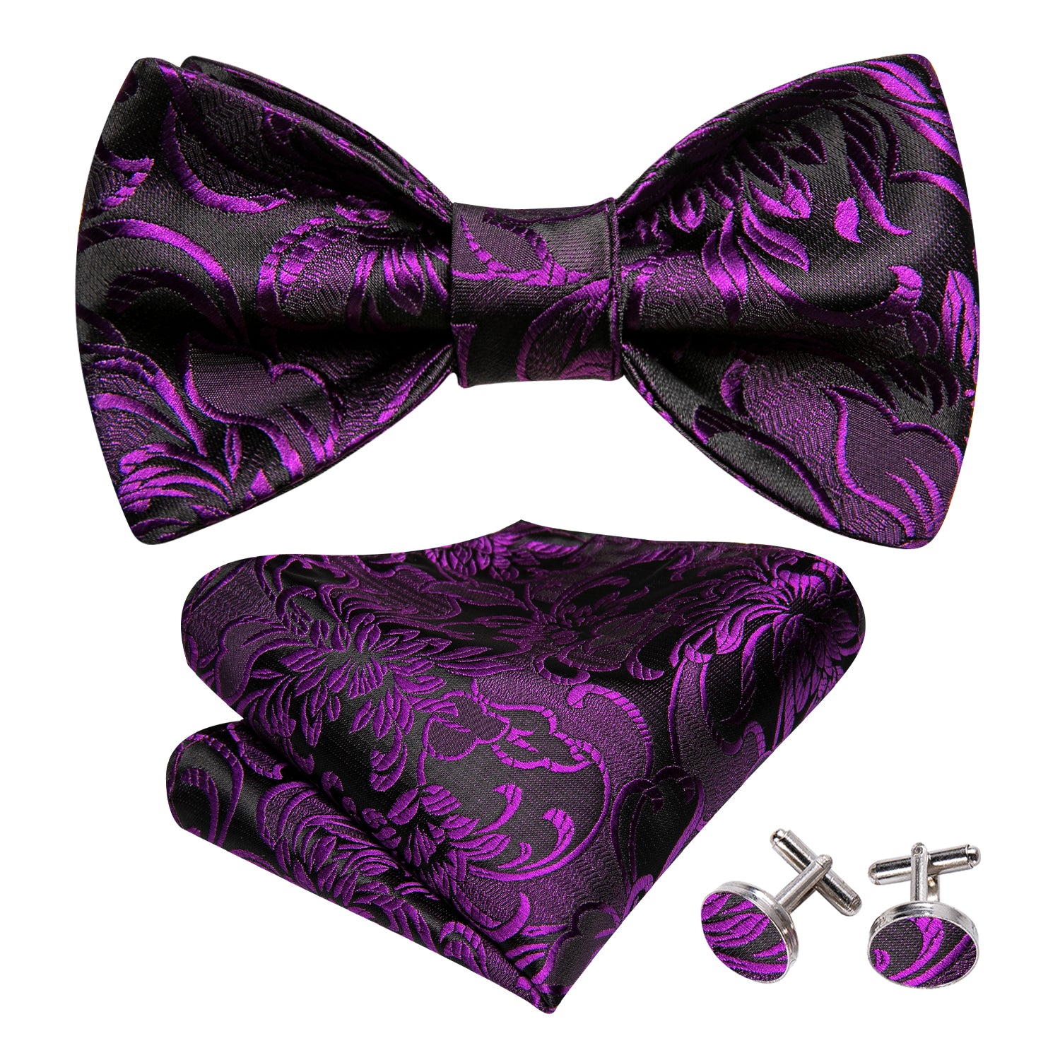 Black Tie Purple Floral Bow Tie Hanky Cufflinks Set