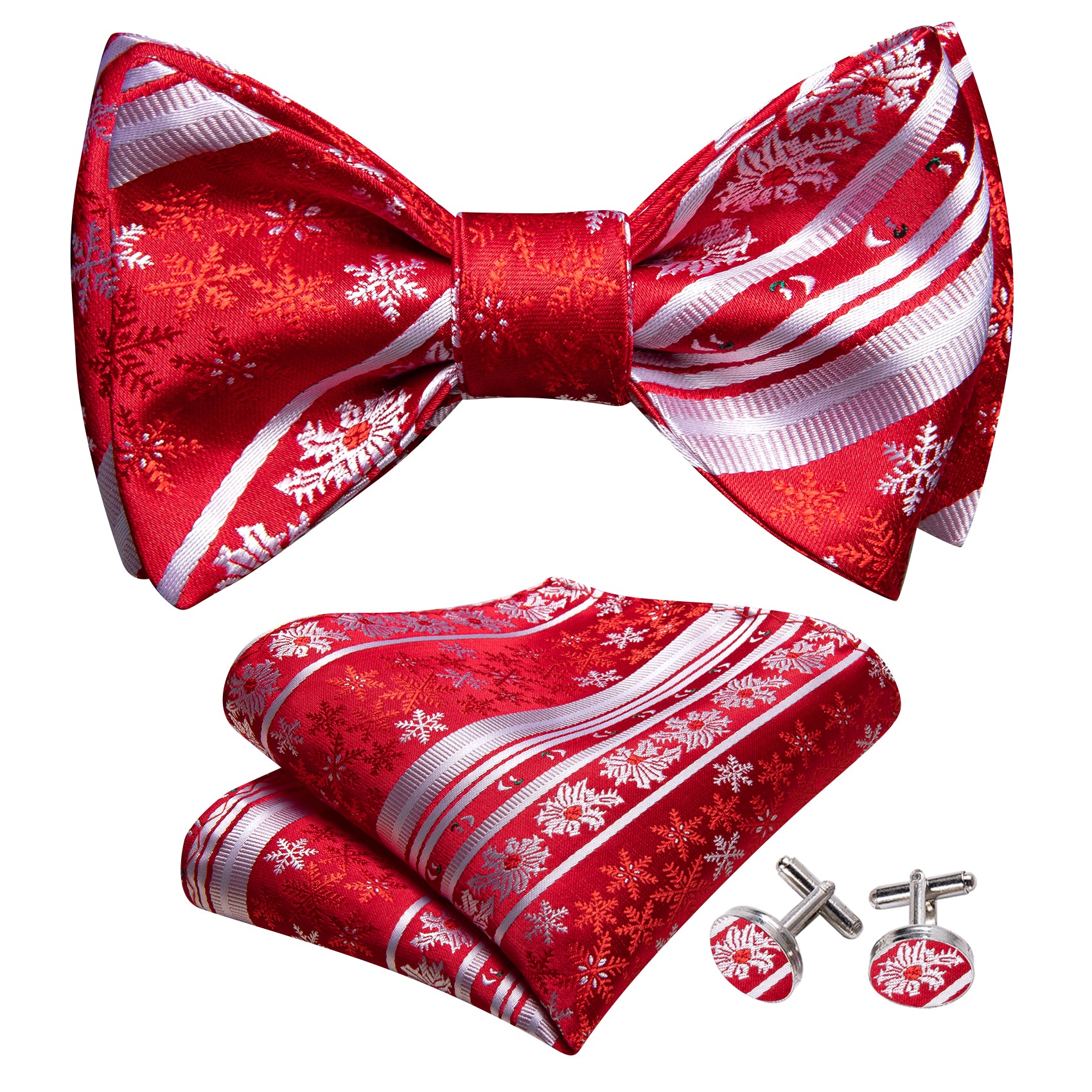 Christmas Red White Snowflake Self Tied Bow Tie Hanky Cufflinks Set