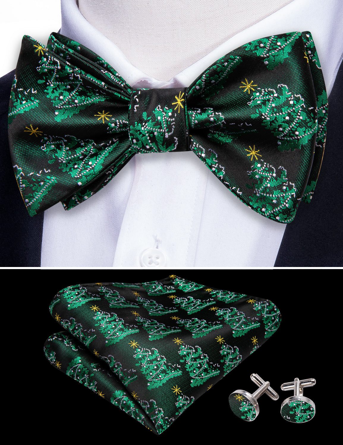Christmas Green Tree Silk Bow Tie Hanky Cufflinks Set
