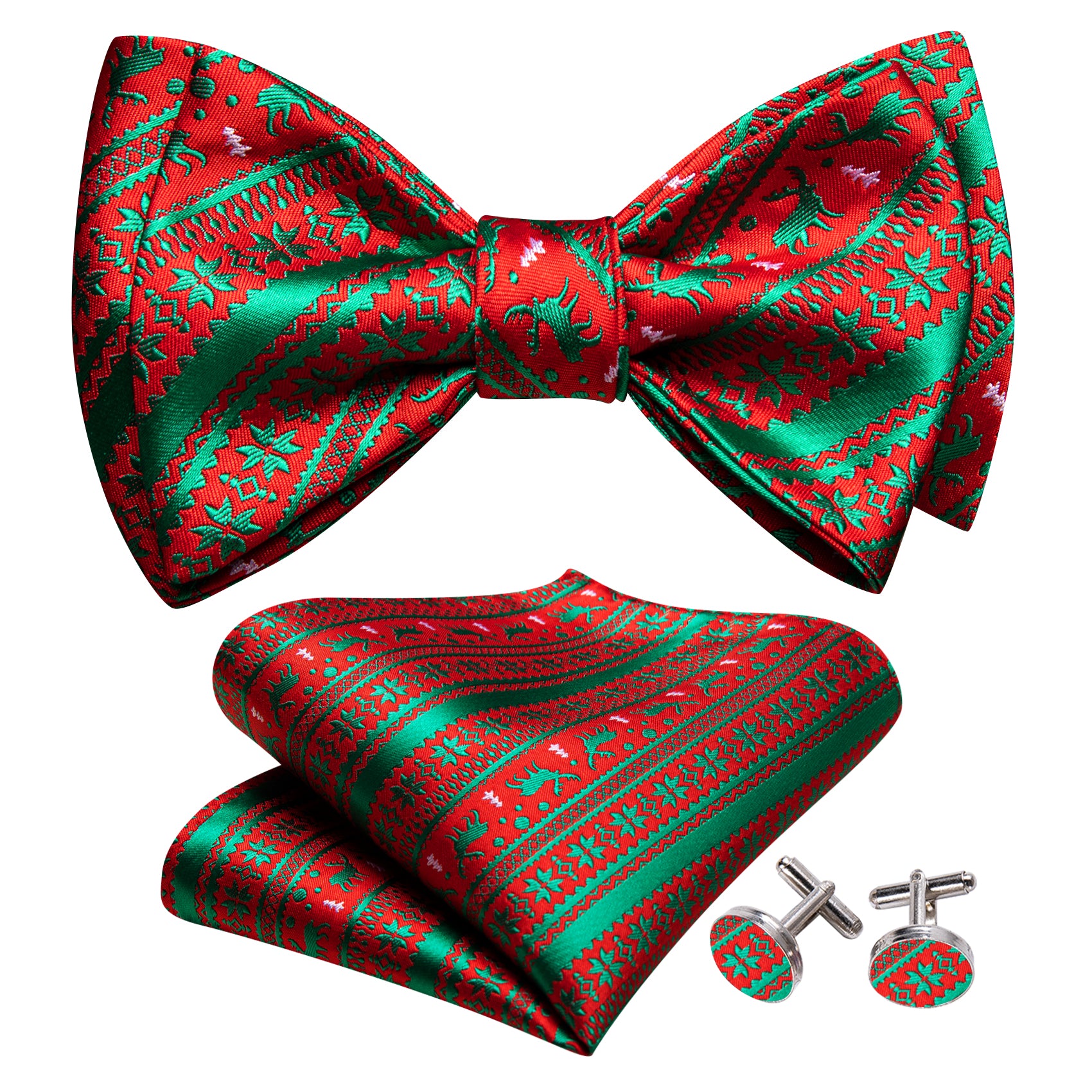 Christmas Green Red Xmas Elk Self Tied Bow Tie Hanky Cufflinks Set