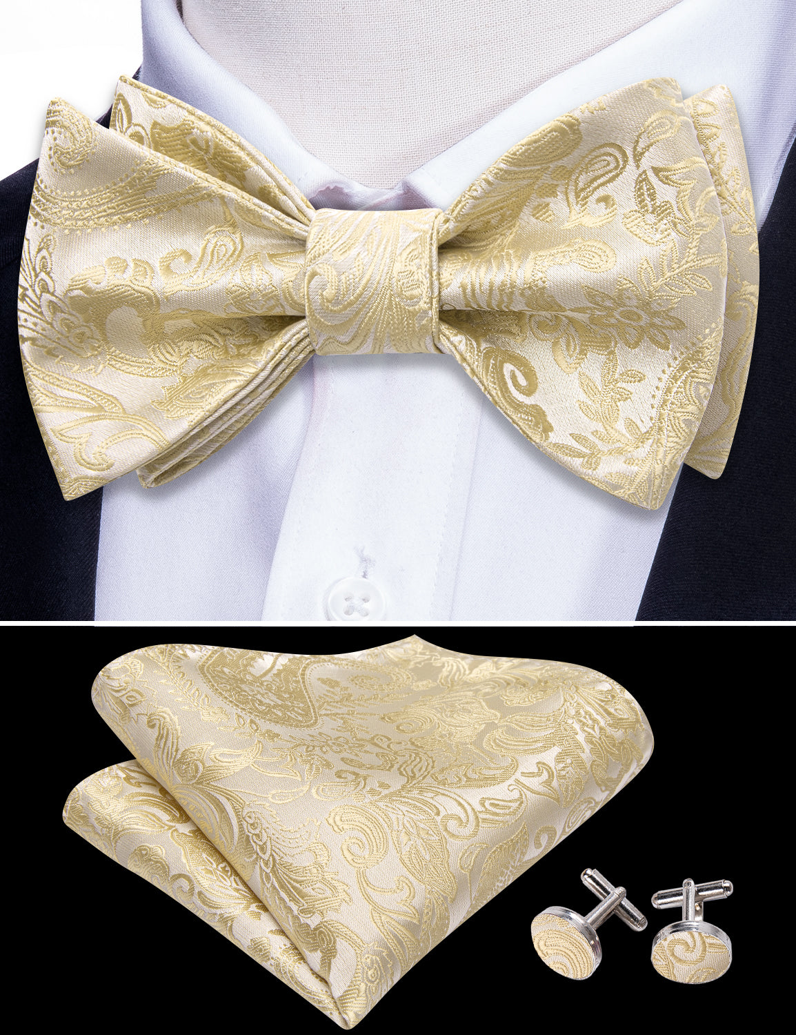 Linen Paisley Silk Bow Tie Hanky Cufflinks Set