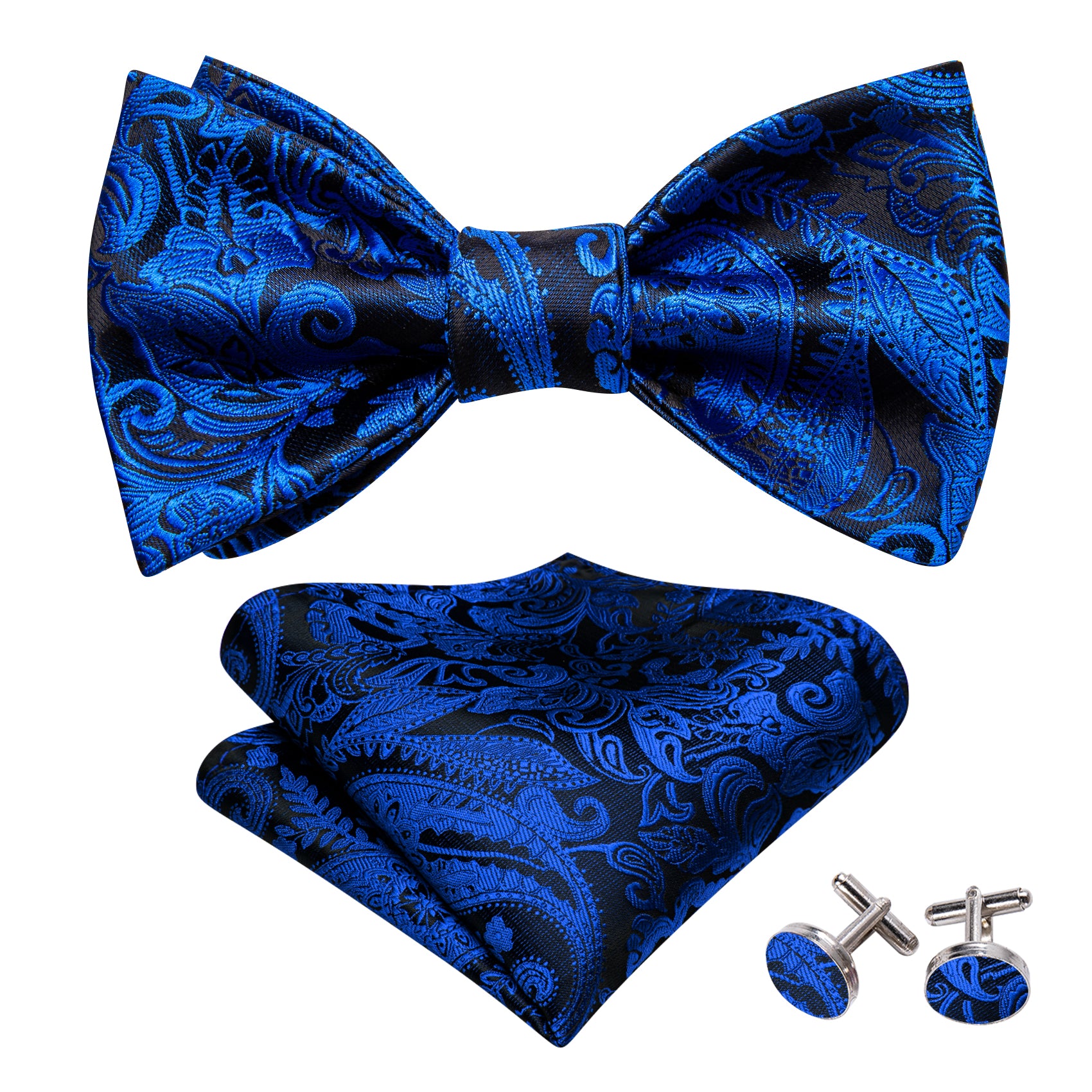 Blue Black Paisley Silk Bow Tie Hanky Cufflinks Set