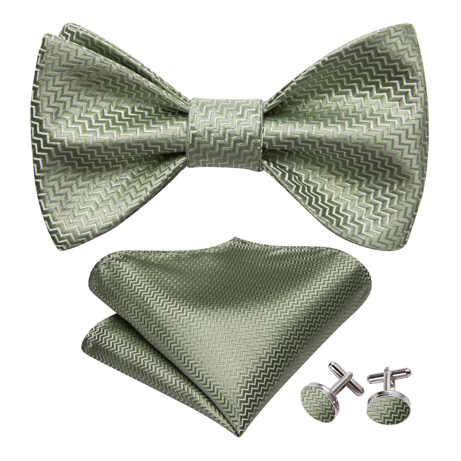 Green Striped Silk Bow Tie Hanky Cufflinks Set