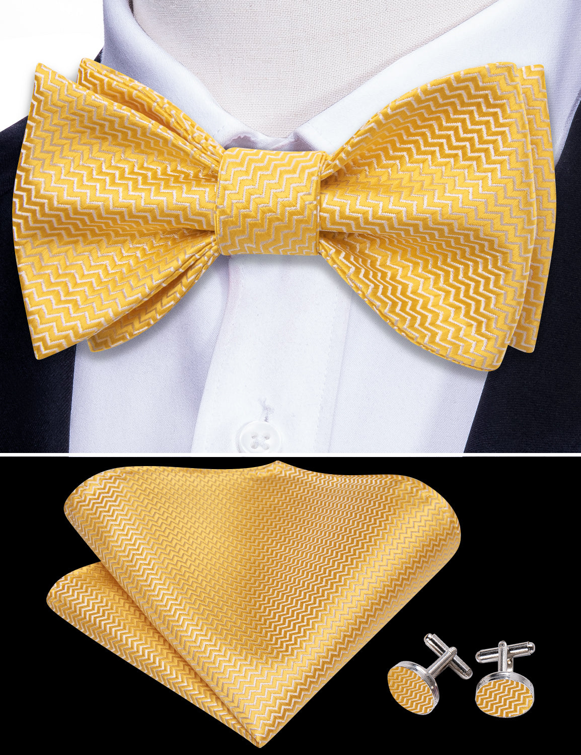 Barry Wang Yellow Geometric Silk Bow Tie Hanky Cufflinks Set