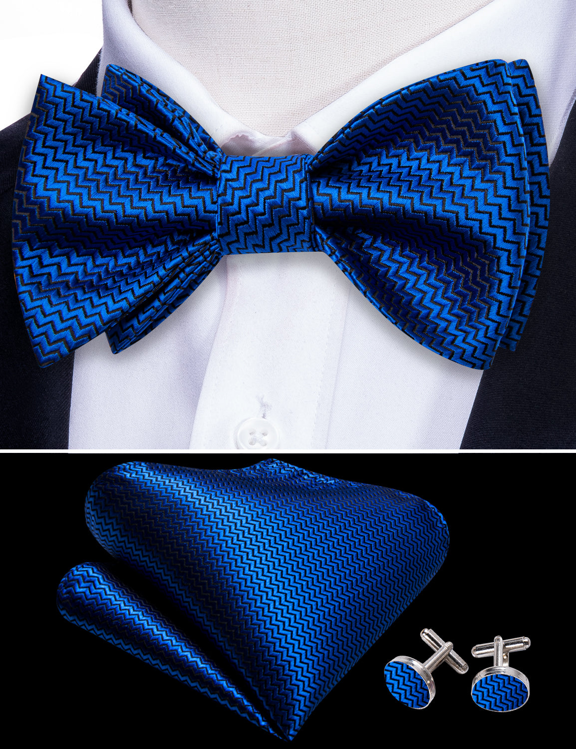 Navy Blue Striped Silk Bow Tie Hanky Cufflinks Set
