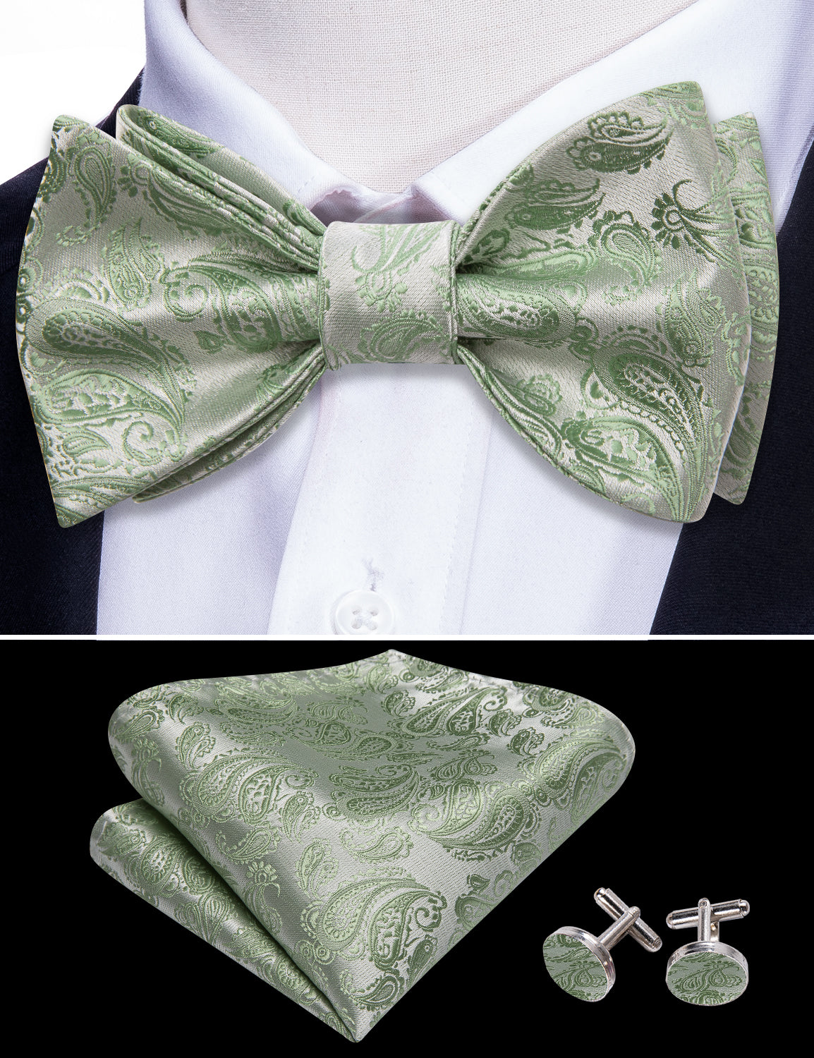 Green Silver Paisley Silk Bow Tie Hanky Cufflinks Set