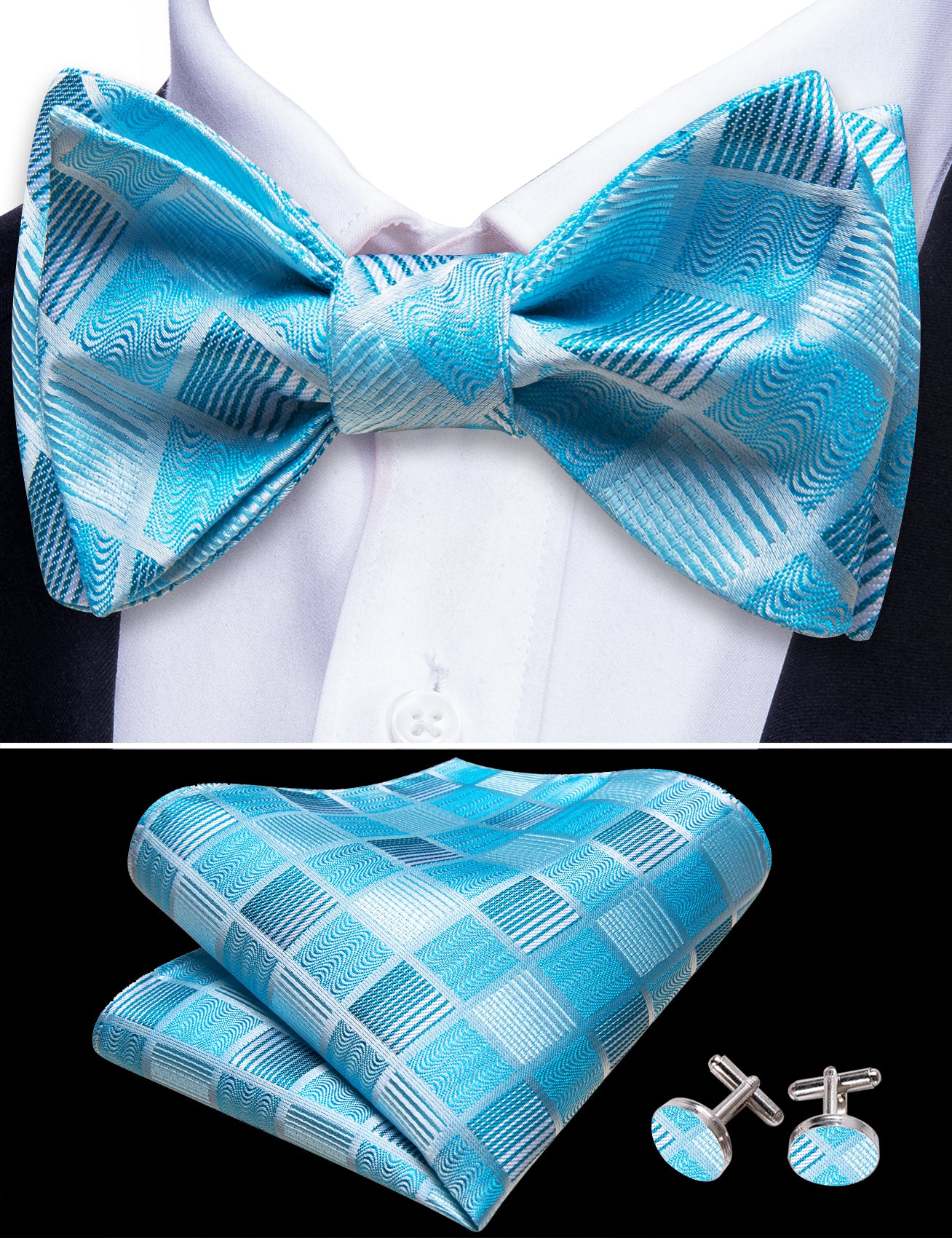 Sky Blue Plaid Self Tie Bow Tie Hanky Cufflinks Set