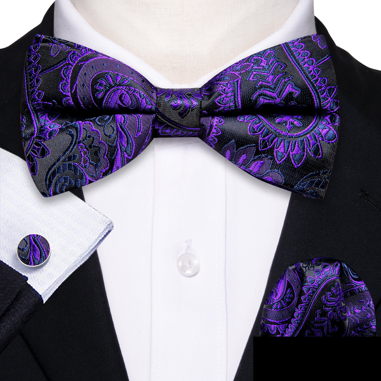 Purple Black Paisley Bow Tie Hanky Cufflinks Set