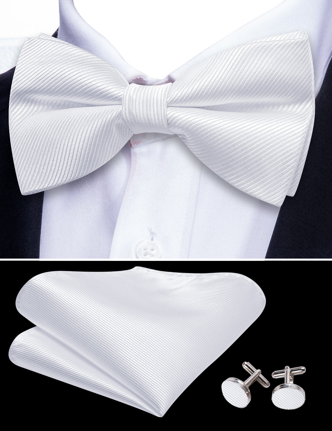 White Solid Pre-tied Bow Tie Hanky Cufflinks Set